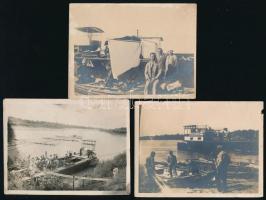 cca 1920-1930 Uszályok és személyzetük, 3 db fotó, foltosak, kis sérüléssel, 9×÷11 cm