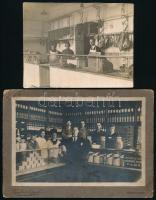1920 Soroksár, üzletbelsők, 2 db fotó, egyik kartonra kasírozva, 17×11 és 11×14,5 cm