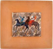 Bencze Lilla Judit (1926-1998): Solymászok. Tűzzománc, fa lapon, jelzett, hátoldalán a művész címkéj...