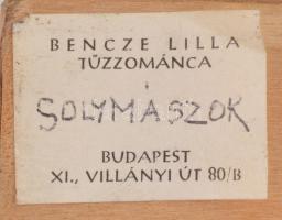 Bencze Lilla Judit (1926-1998): Solymászok. Tűzzománc, fa lapon, jelzett, hátoldalán a művész címkéj...