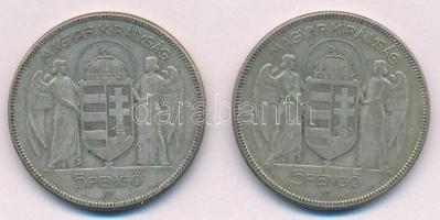 1930. 5P "Horthy jobbra" Ag (2x) T:3 Adamo P8