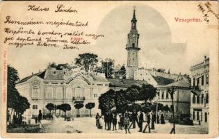 1902 Veszprém, Fő tér, Takarékpénztár, Tűztorony. Pósa Endre kiadása (EK)