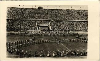 1953 Budapest XIV. A Népstadion ünnepélyes megnyitója.  Képzőművészeti Alap Kiadóvállalat / Opening ceremony of the People&#039;s Stadium + &quot;XII. Főiskolai Világbajnokság Budapest 1954. VIII. 4.&quot; So. Stpl. (EK)