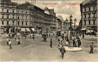 1909 Budapest VI. Oktogon, villamos, Ernyei Lajos, Kömlődi Jakab üzlete, utcaseprő. Divald Károly 239-1908.