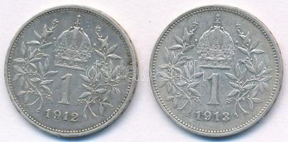 Ausztria 1912-1913. 1K Ag "Ferenc József" (2x) T:1-,2 
Austria 1912-1913. 1 Corona Ag &qu...