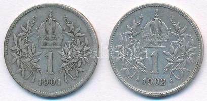 Ausztria 1901-1902. 1K Ag "Ferenc József" (2x) T:2-
Austria 1901-1902. 1 Corona Ag "...