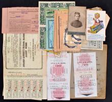 44 db vegyes irat: számolócédulák, tagsági igazolványok, fotó, sorsjegyek, részvény stb.