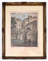 Olvashatatlan jelzéssel: Szajna-part (Páris, 1932). Színes rézkarc, papír, lap teteje foltos. Díszes...