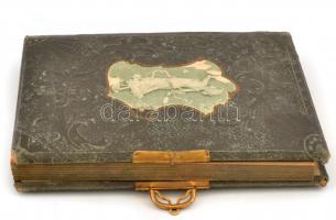 cca 1900 Régi kemény fedeles, fém csatos fotóalbum, kb. 50 férőhellyel, keményhátú  fotókhoz, benne ...