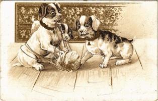Dogs with yarn. litho, Chocolat J. Lallier advertisement on the backside