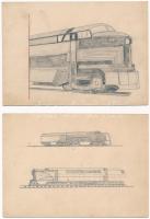 2 db MODERN motívum lap 1948-ból: kézzel rajzolt vonatok / 2 modern motive cards from 1948: hand-drawn trains