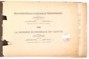 1920 Magyarország gazdasági térképekben. La Hongrie Économique en Cartes.  Kiadja Rubinek Gyula. Szerk. Edvi Illés Aladár és Halász Albert. Harmadik, bővített kiadás. Magyar és francia nyelven. Bp., 1920., ,,Pátria", 3 sztl. lev.+76 t. (feliratos hártyapapírral védett térképek és grafikonok.) A mű 77 térképpel és 6 grafikonnal teljes. A kihajtható térkép hiányzik. Kiadói haránt alakú papírkötés, kopott borítóval, a borító széleken kis szakadásokkal, sérült gerinccel, a könyvtest sérült, az utolsó lap és a címlap kivételével a könyvtest elvált a borítótól, kisebb lapszéli foltokkal, egy lapszélen kis sérüléssel.