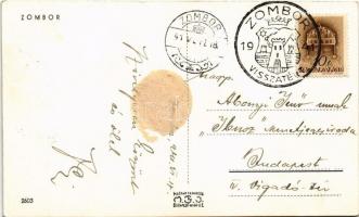 1941 Zombor, Sombor; Fő utca, Meinl, Müller üzlete, magyar zászlók / main street, shops, Hungarian f...