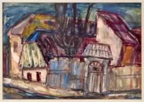 Sztojka László (1910-1971): Erdélyi utca. Akvarell, papír, jelzett, üvegezett fa keretben, 29×40,5 cm