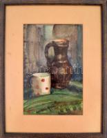 Sztojka László (1910-1971): Csendélet pöttyös bögrével. Akvarell, papír, jelzett, üvegezett fa keret...