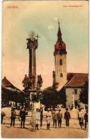 Zombor, Sombor; Szentháromság tér és szobor, üzlet, templom / Holy Trinity square and statue, shop, church (ragasztónyom / glue mark)