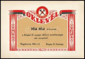 1956 Nagykanizsa, Bányász SE oklevele Dósa Béla ökölvívónak