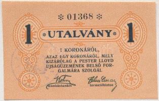 Budapest ~1920. 1K Pester Lloyd utalvány hátoldalon kék MAGYARORSZÁG körbélyegzővel, bélyegzés áthúzással érvénytelenítve T:I  Adamo BUC-212.1