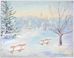 Csók jelzéssel: Téli táj. Olaj, farost, 68×82 cm