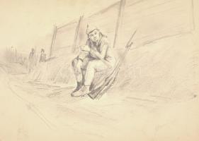 Mednyánczky jelzéssel: Pihenő katona. Ceruza, papír, keret nélkül, 24×33 cm