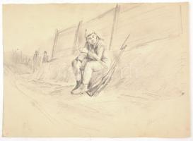 Mednyánczky jelzéssel: Pihenő katona. Ceruza, papír, keret nélkül, 24×33 cm