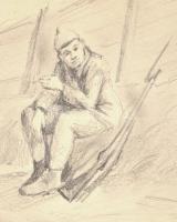 Mednyánczky jelzéssel: Pihenő katona. Ceruza, papír, keret nélkül, 24×33 cm