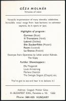 Szegedi Molnár Géza (1939-2008) színész, énekes, parodista dedikációja egy őt ábrázoló, angol nyelvű...