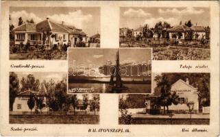 1947 Balatonszéplak (Siófok), Gradisohl penzió, Naplemente, vitorlás, Telepi részlet, Szabó penzió, Balatonszéplak-Alsó vasútállomás (fl)