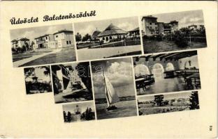 1948 Balatonőszöd, mozaiklap vitorlással és étterem belsővel (EK)