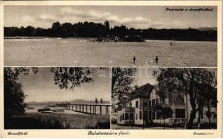 1938 Balatonmáriafürdő, Part részlet a strandfürdővel, fürdőzők, csónakok, szanatórium