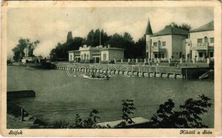 1928 Siófok, Kikötő a Sión, evezős csónak, gőzhajó, Astoria és Palace szállodák (Rb)