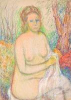 Dienes jelzéssel: Női akt. Zsírkréta, karton, keret nélkül, 50×35 cm