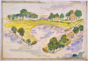 Vadász jelzéssel: Kikötői öböl. Akvarell, tus, papír, lap szélén ragasztás nyomaival, kisebb szakadá...