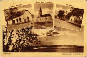 1949 Paloznak, Magyar vendéglő, étterem, Római katolikus templom, utca, Naplemente a Balatonon (EK)