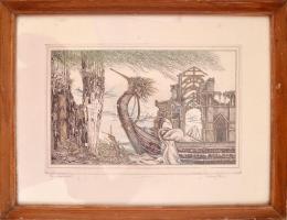 Molnár Iscsu István (1947-): Táj drapériával. Színes rézkarc, papír, kissé kopott, üvegezett fa kere...