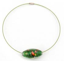 Millefiori üveg medál zöld sodrony lánccal, d: 14 cm, medál: 2,5x5 cm