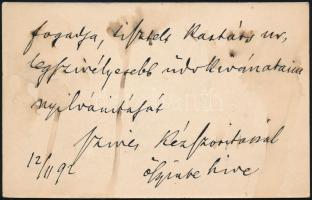 1892 Falk Miksa (1828-1908) író, politikus, országgyűlési képviselő autográf köszönő sorai névjegykártyáján