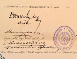 1900 Bp., Felső nép- és polgáriskolai tanítónői oklevél, Glattfelder Gyula aláírásával