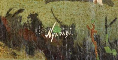 Nyarádi jelzéssel: Tóparti táj. Olaj, vászon, sérült, széeli fára kasírozva, 30x30 cm