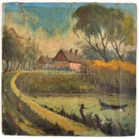 Nyarádi jelzéssel: Tóparti táj. Olaj, vászon, sérült, széeli fára kasírozva, 30x30 cm