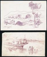 Orosz István (1941-1999), 2 db mű: Kikötőben és táj. Filctoll, papír. Jelzett, datált (972 és 1972), gyűrődésekkel, 10,5x19 és 13x20 cm