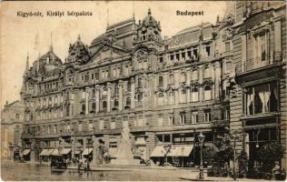 1914 Budapest V. Kígyó tér (Ferenciek tere), Királyi bérpalota, Takarékpénztár, Belvárosi kávéház, üzletek, automobil (fl)