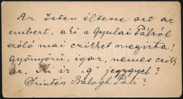 Kozma Andor. (1861-1933) Költő, műfordító autográf sorai melyben a - számára akkor még ismeretlen - Gerő Ödönt (1863-1939) méltatja, Gyulai Pálról írt cikkéért. Névjegykártyáján.