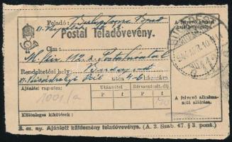 1944 Bp., Bankaligazgató rádiókészülékről szóló bejelentési levele, postai feladóvevénnyel, 1942. XI...