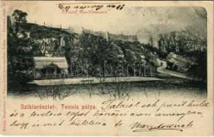 1899 Tata-Tóváros, Tatatóváros; Sziklarészlet és tenisz pálya. Kiadja Engländer és Társa