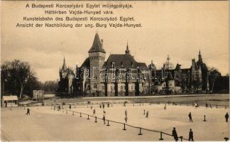 Budapest XIV. Városliget, a Budapesti Korcsolyázó Egylet műjégpályája, háttérben a Vajdahunyad vára, jégkorcsolyázók, téli sport + 1961 Nemzetközi Bélyegkiállítás Budapest So. Stpl. (EK)