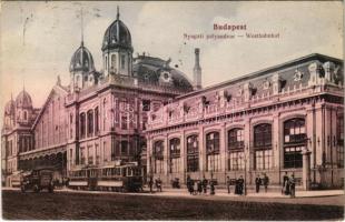 1913 Budapest VI. Nyugati pályaudvar, vasútállomás, villamos, automobil (EK)