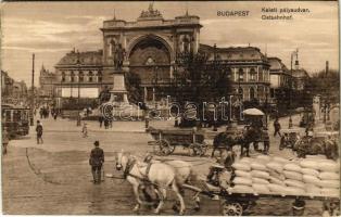 1914 Budapest VII. Keleti pályaudvar, vasútállomás, villamos, Baross szobor. Glass & Tuscher kiadása