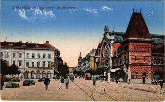1915 Budapest IX. Vámház körút, Központi vásárcsarnok, villamos, Hotel Nádor szálloda, kávéház, koszorúszalag nyomda, piac