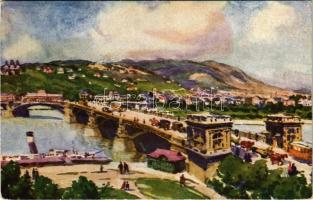 Budapest, Margit híd, villamos, gőzhajó. Modern Bp. No. 20. Aquarell 1927.